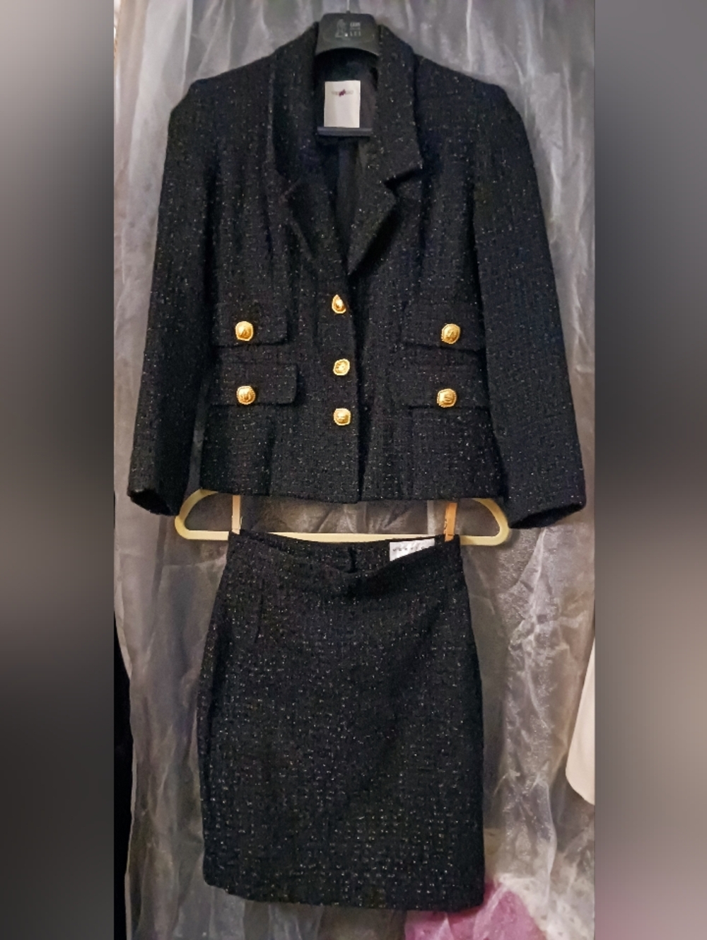 VERTIGO PARIS Classic Black Tweed Jacket & Skirt Set w Gold Buttons